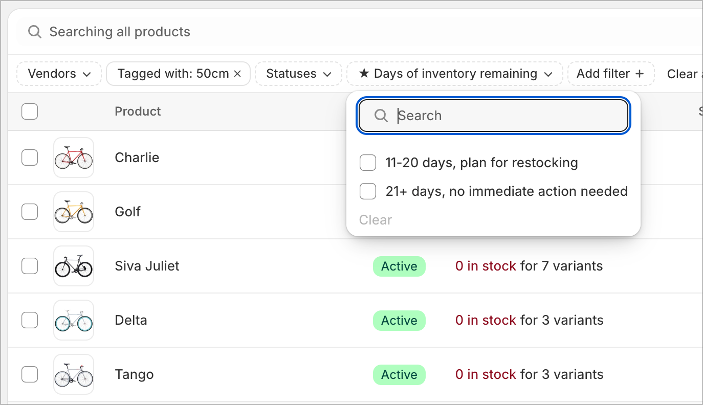 Inventory remaining filter